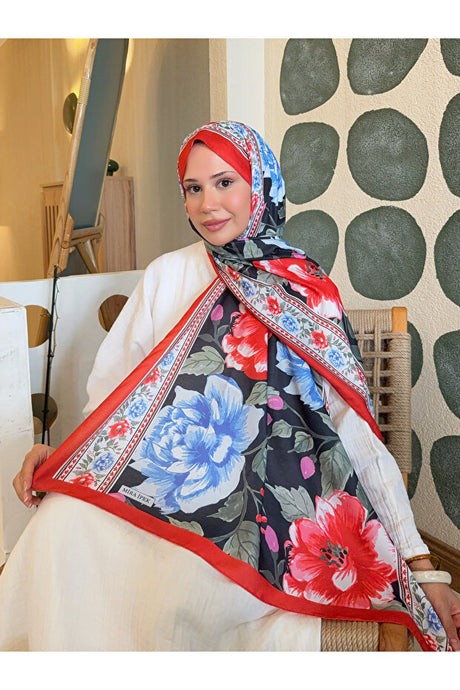 Patterned Cotton Shawl - Red & Blue Floral