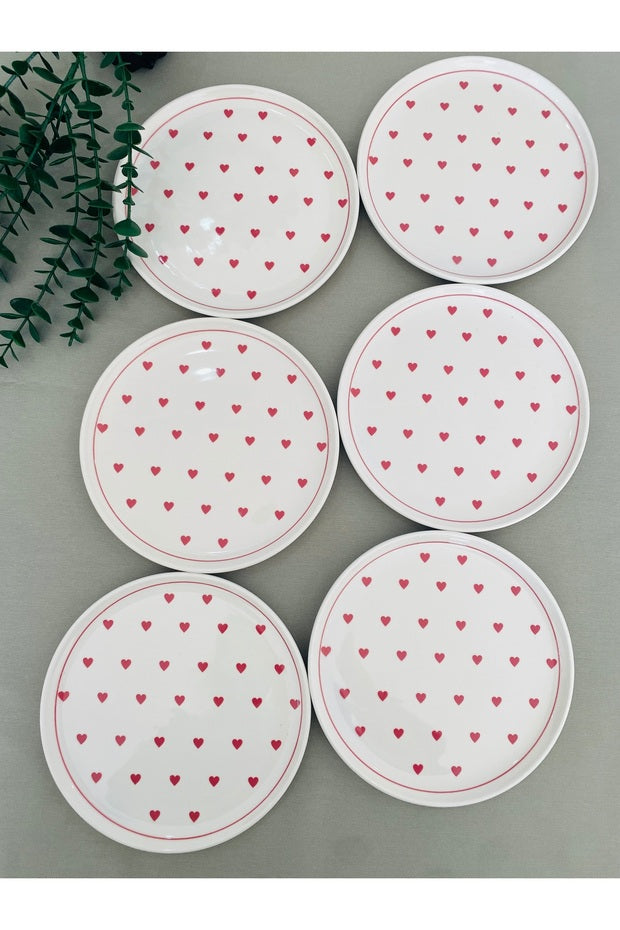Charming Red Heart 20cm Ceramic Dessert & Serving Plate Set (6 Pcs)