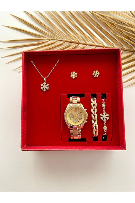 Women's Gold Tone Watch & Snowflake Jewelry Gift Set