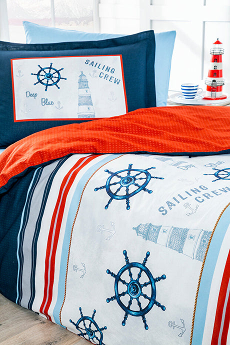Deep Blue Single 100% Cotton Nautical Duvet Cover Set