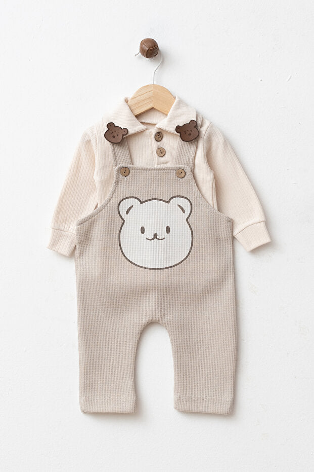 Baby Boy Cute Bear Ribbed Long Sleeve Bodysuit & Overalls Set