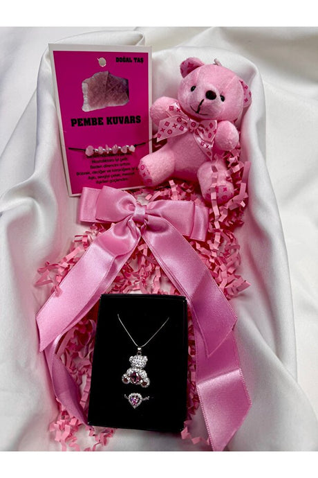 Pink Heart Teddy Bear Jewelry Set & Rose Quartz Bracelet Gift Box