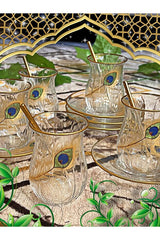 エレガントクリアガラスティーセット - 金縁の孔雀の羽デザイン