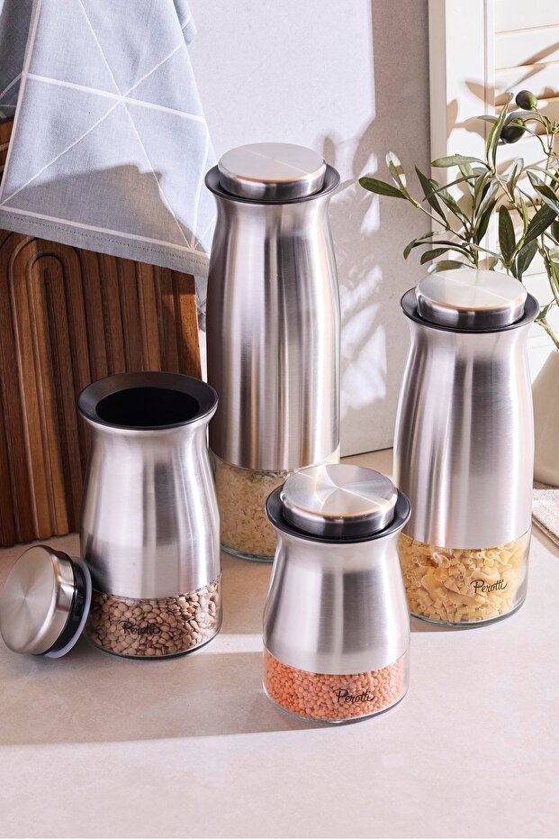 Premium Stainless Steel & Glass Food Storage Jar Set - 4 Sizes