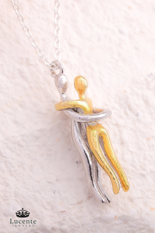 Hugging Couple 925 Silver Plated Necklace - Special Lighted Gift Box
