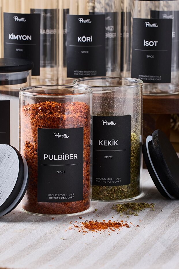 Borosilicate Glass Spice Jar Set - 12 Jars with Black Wooden Lids