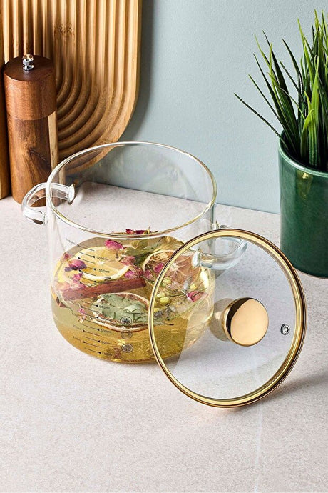 1800ml Borosilicate Glass Pot with Gold Lid - Heat Resistant Cookware