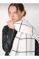 White & Black Plaid Winter Scarf Wool Blend