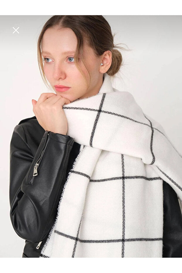 White & Black Plaid Winter Scarf Wool Blend