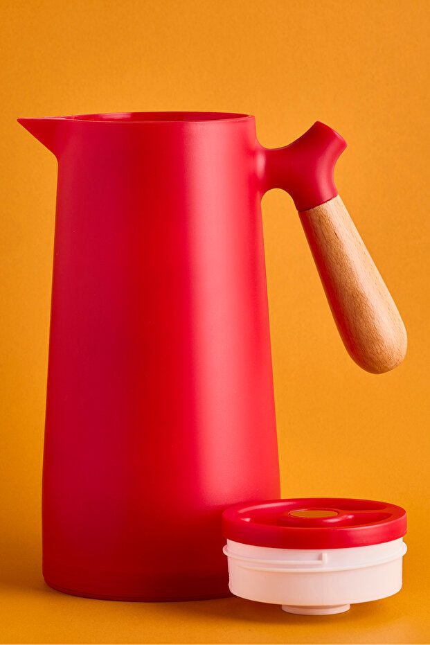 Niva Nordic Bamboo Handle Glass Vacuum Thermos - 1000ml Red