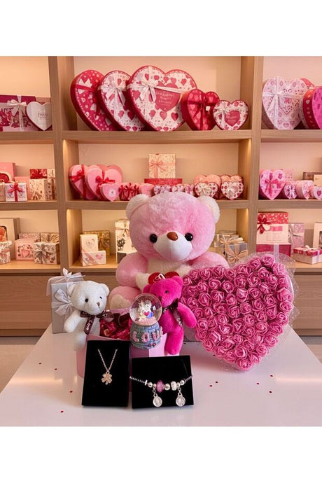 Deluxe Romantic Gift Set: Plush Bears, Jewelry, Snow Globe, Roses