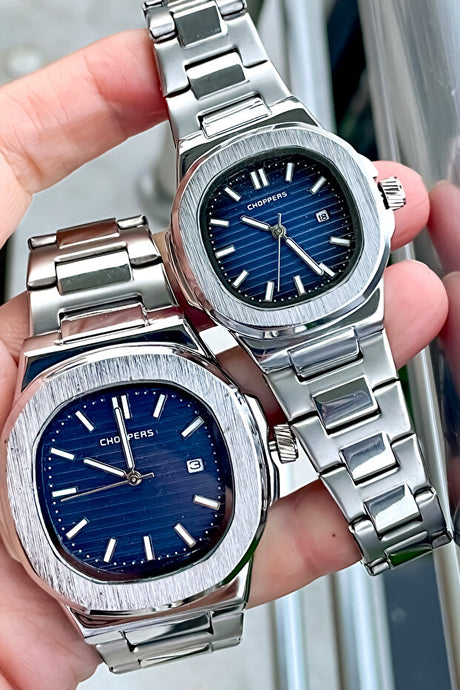 Couple's Stainless Steel Quartz Watch Set - 41mm Blue Dial