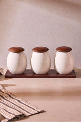 3-Piece Porcelain Spice Jar Set with Wooden Lids & Display Tray