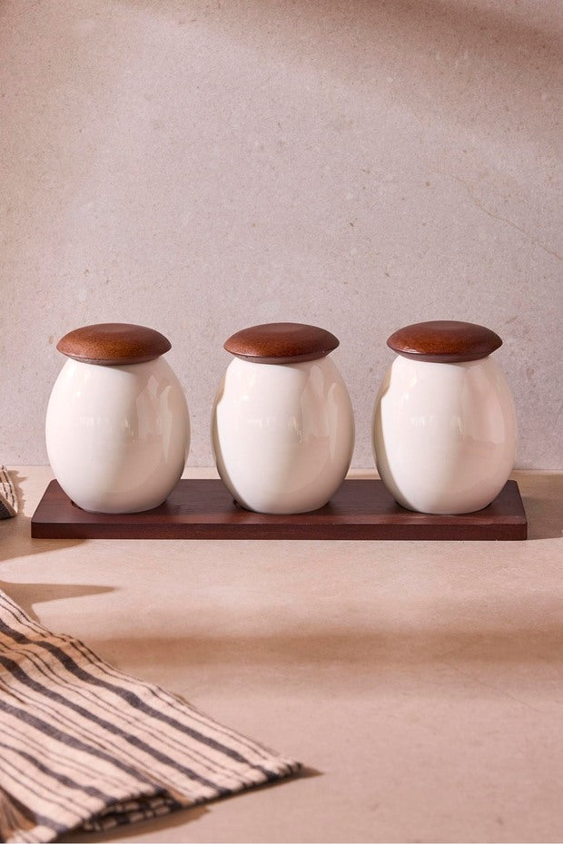 3-Piece Porcelain Spice Jar Set with Wooden Lids & Display Tray