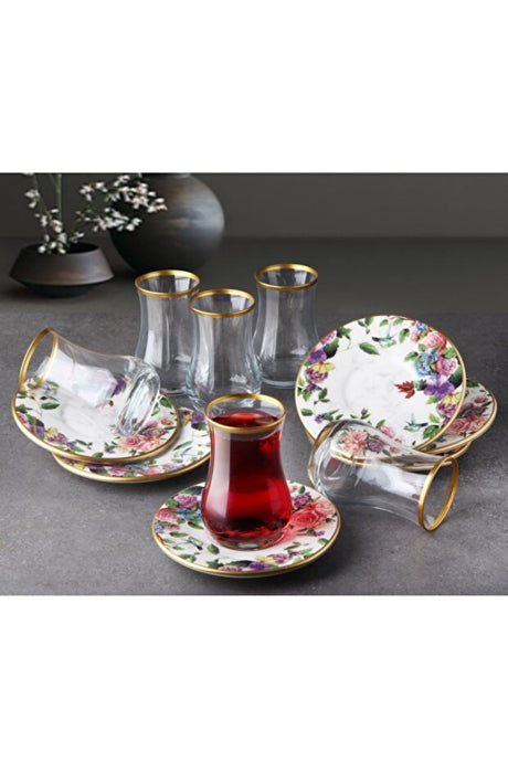 Pinkev Flora Premium Turkish Tea Glass Set with Ceramic Saucers - 6 Piece