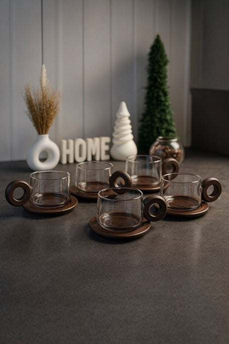 Morponi Premium Borosilicate Glass Tea & Coffee Cup Set with Acacia Handle & Saucer - Set of 6