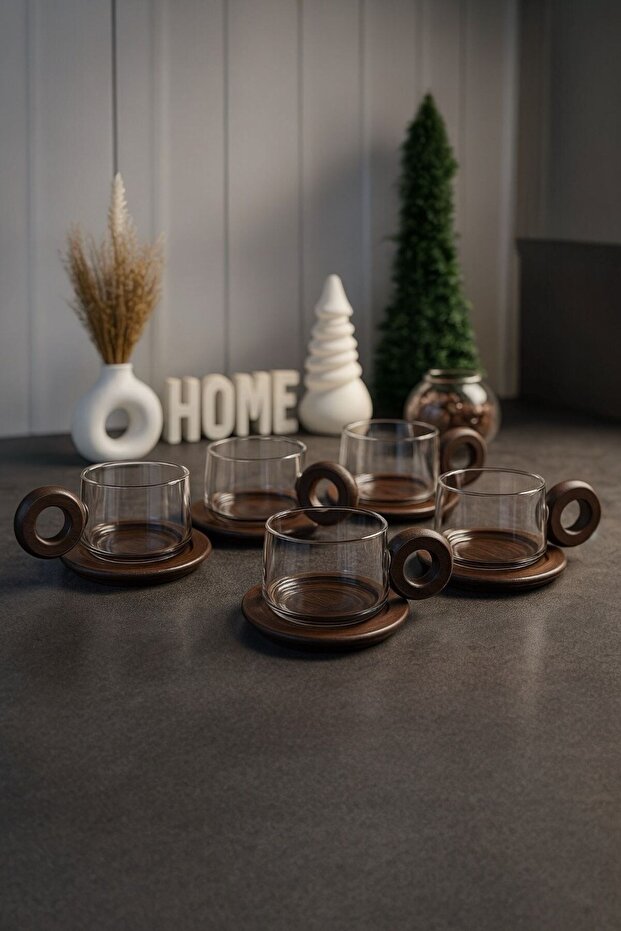 Morponi Premium Borosilicate Glass Tea & Coffee Cup Set with Acacia Handle & Saucer - Set of 6