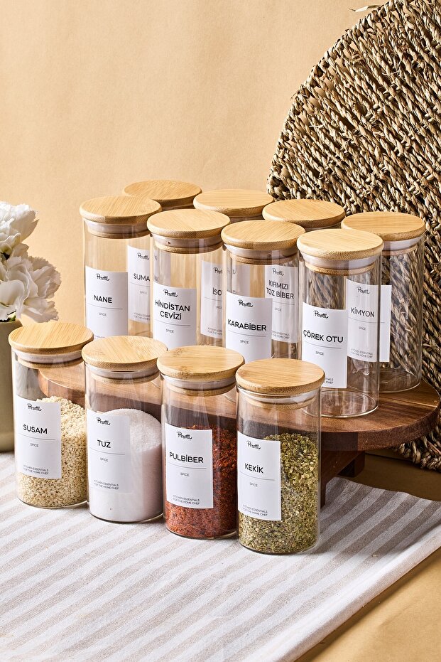 Borosilicate Glass Spice Jars Set - 300ml x 12 with Bamboo Lids