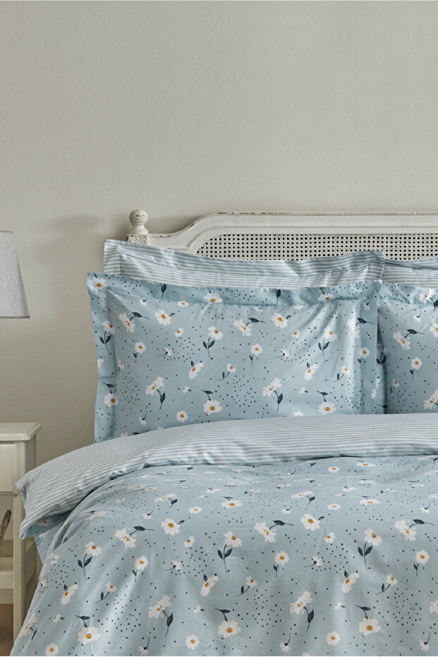 Daisy 100% Cotton Double Duvet Cover Set - Mint Blue