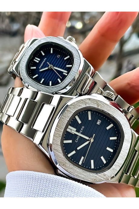 Couple's Stainless Steel Quartz Watch Set - 41mm Blue Dial