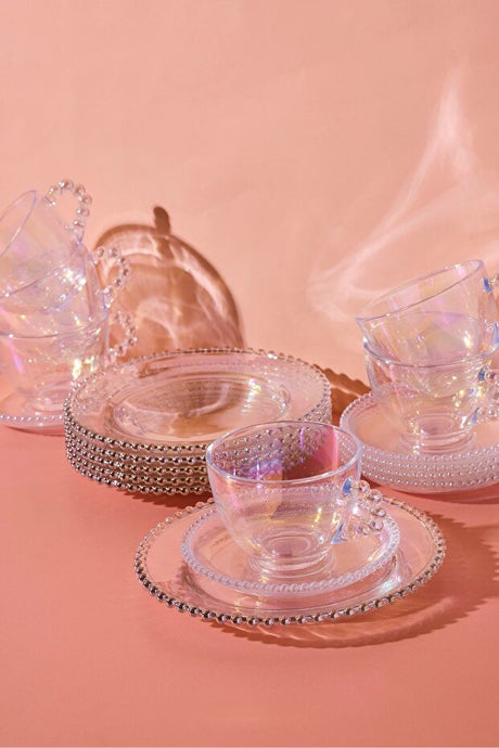 Iridescent Beaded Glass Tea Cup & Dessert Plate Set - 18 Pieces