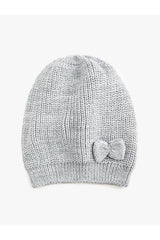 Ribbed Knitted Beanie with Bow Detail - Standard Size
