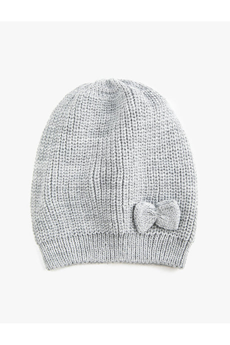 Ribbed Knitted Beanie with Bow Detail - Standard Size