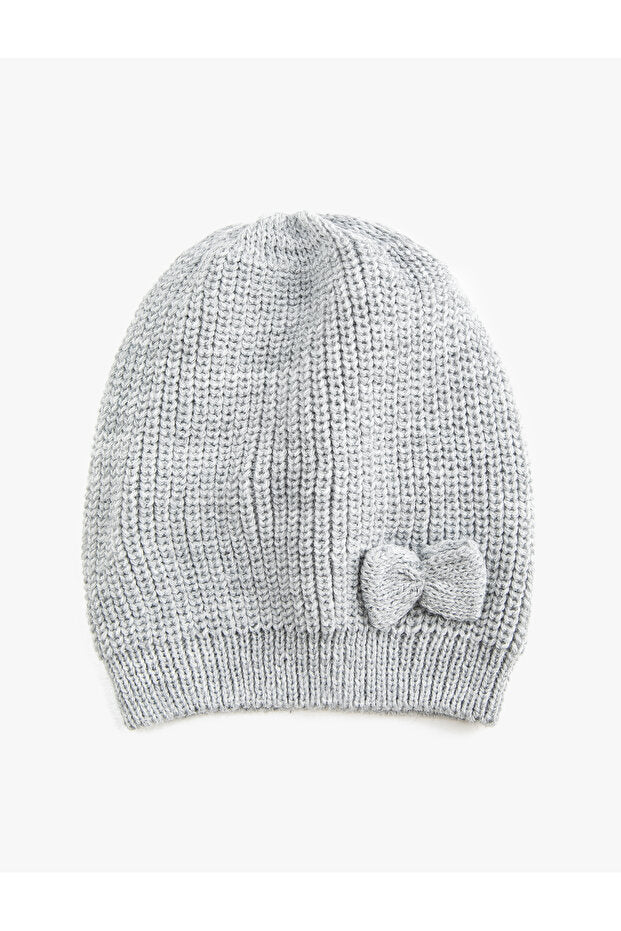 Ribbed Knitted Beanie with Bow Detail - Standard Size