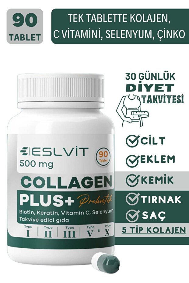 5-Type Hydrolyzed Collagen - 90 Tablets with Vit C, Zinc, Selenium