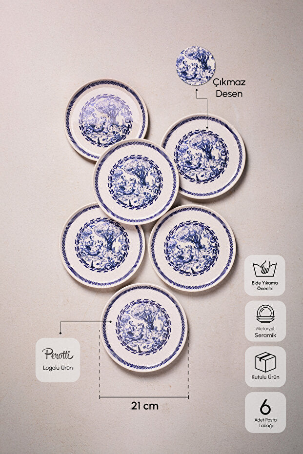 French Vintage Blue & White Dessert Plates - Set of 6 (21 cm)
