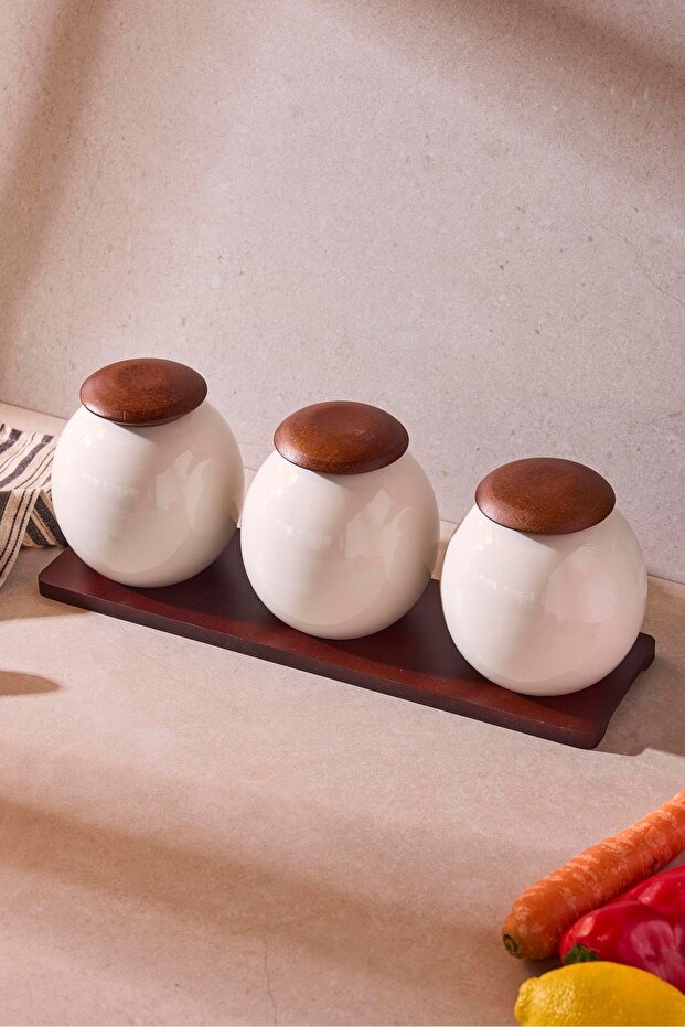 3-Piece Porcelain Spice Jar Set with Wooden Lids