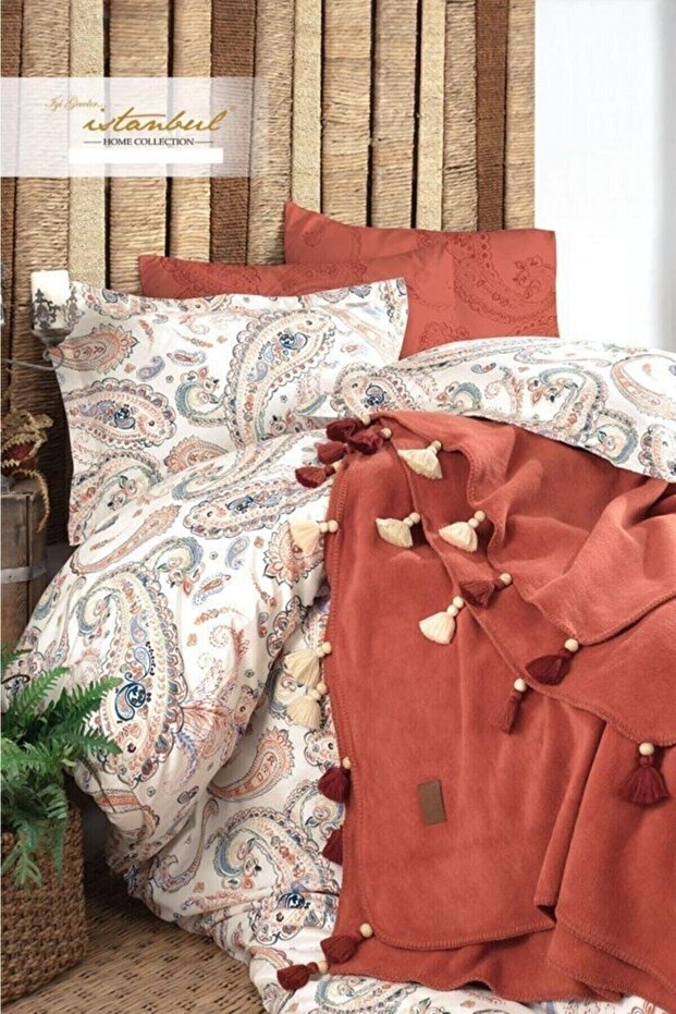 Boho Chic Double Duvet Set with Tasseled Blanket - 5 Pieces