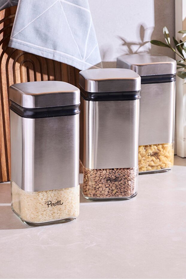 Cubic Glass & Metal Storage Jar Set - 3-Piece