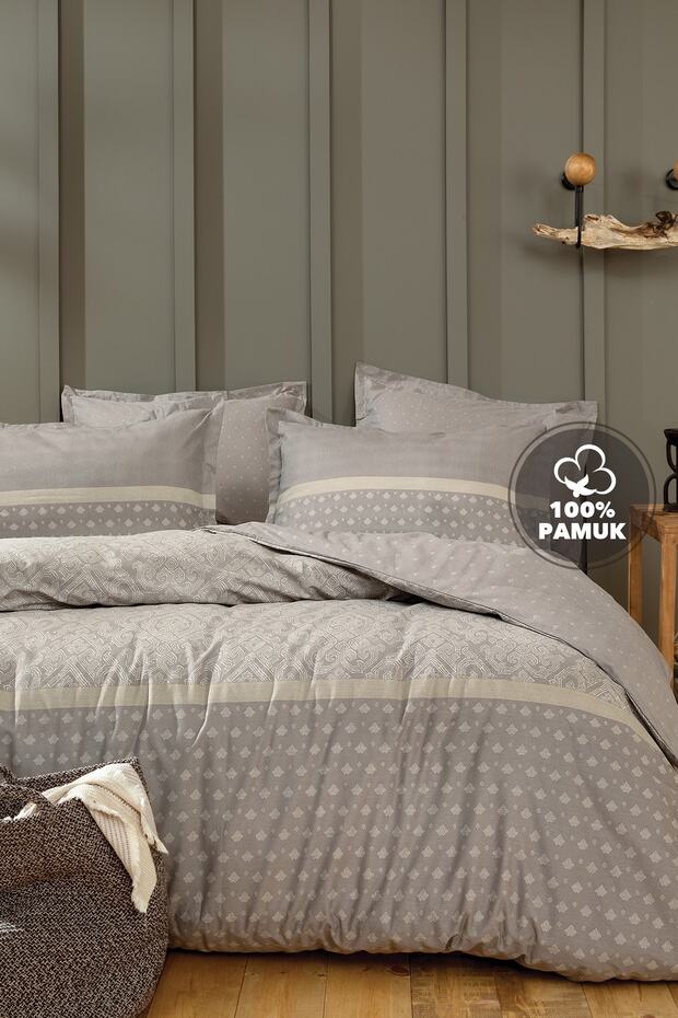 Amora Double Duvet Cover Set - 100% Cotton, Grey Art Deco