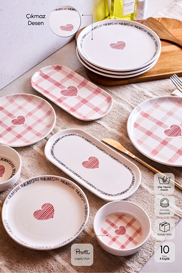 Hearts 10 Piece 4 Person Breakfast Set - Charming Pink Plaid Design