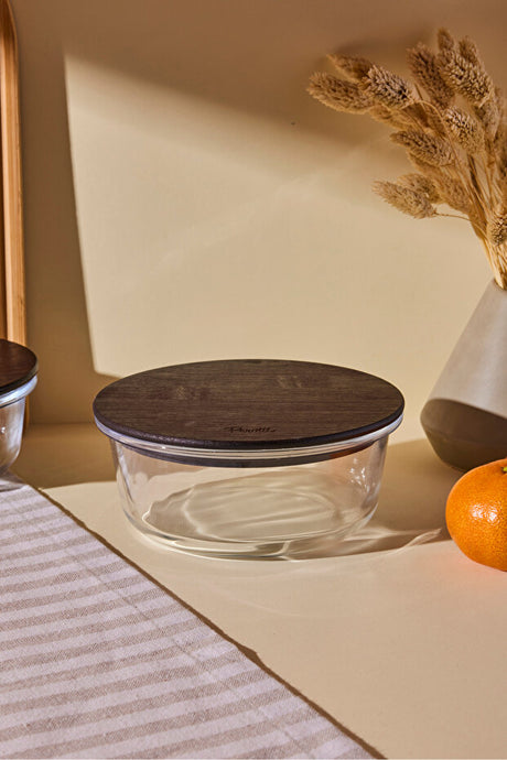Round Glass Food Storage Container - 640ml Wood Lid