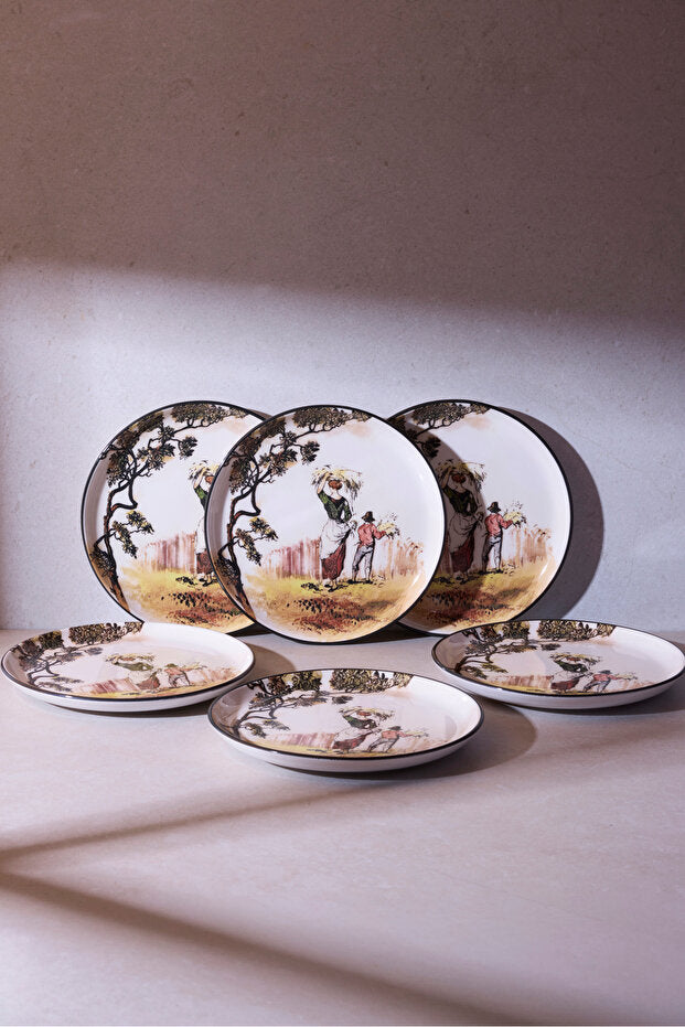 Old English The Gleaners Ceramic Dessert Plate Set - 6 Pieces, 21 cm