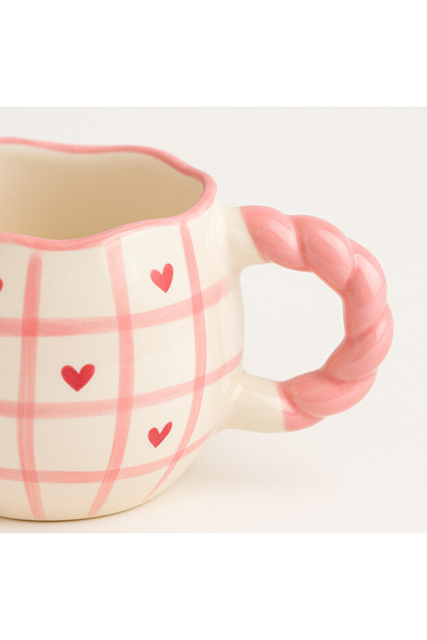 Pink Plaid Heart Pattern Ceramic Mug - Handmade Coffee & Tea Cup