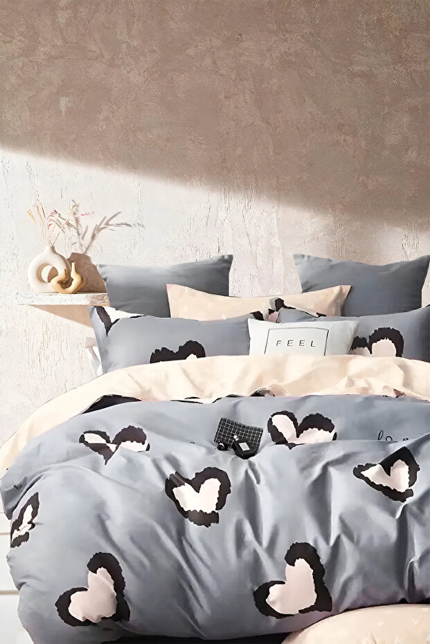 Double Duvet Cover Set - Dream Beige, Soft Cotton with Heart Pattern