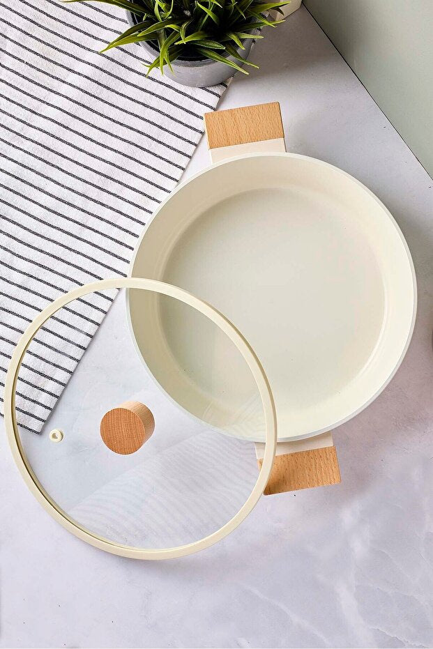 24cm Ceramic Shallow Pot - Induction Base & Wooden Handles