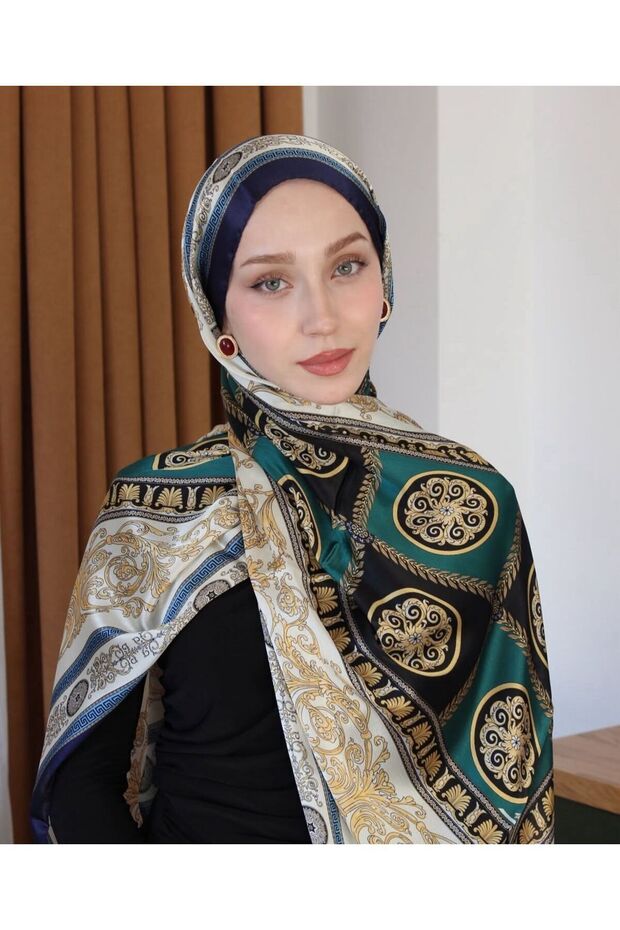 Imported Voile Silk Scarf - Navy Green Black