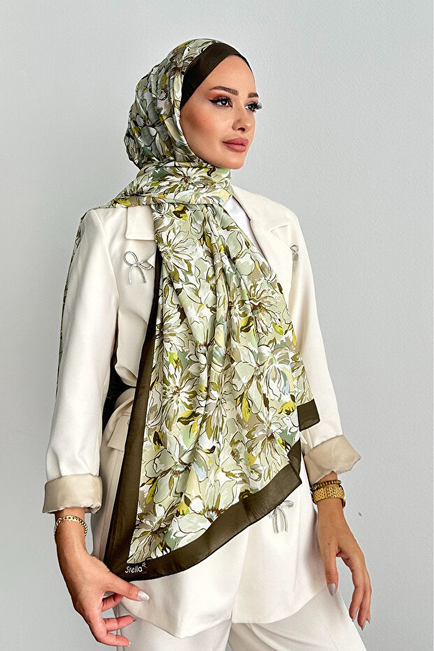 Shawl in Cotone Morbido con Motivo Floreale Lotus - Haki