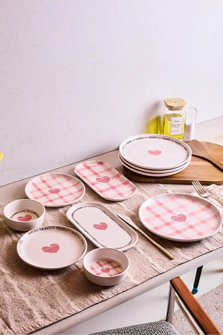 Hearts 10 Piece 4 Person Breakfast Set - Charming Pink Plaid Design