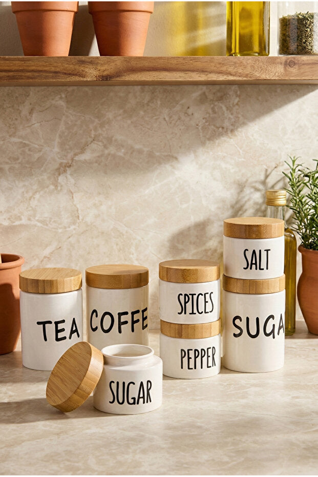 7-Piece Porcelain Spice Jar Set with Bamboo Lids