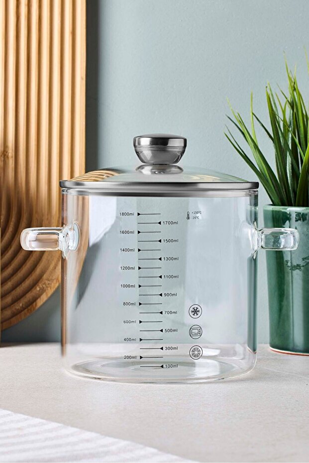 1800ml Borosilicate Glass Pot with Measuring Marks & Glass Lid