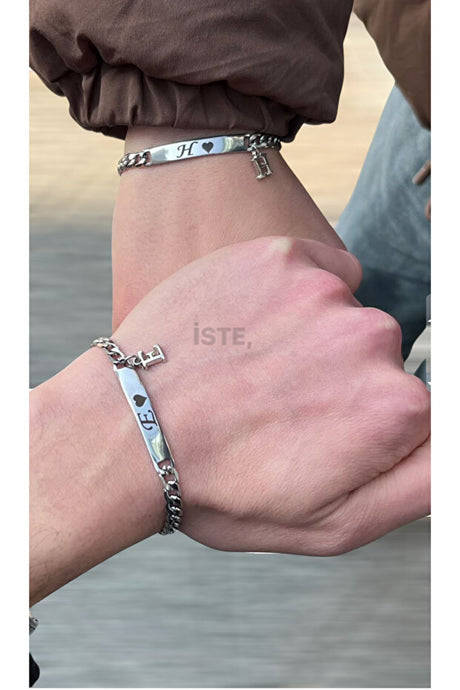 Steel Engraved Letter Couple & Friend Bracelet Set - 2 Pieces