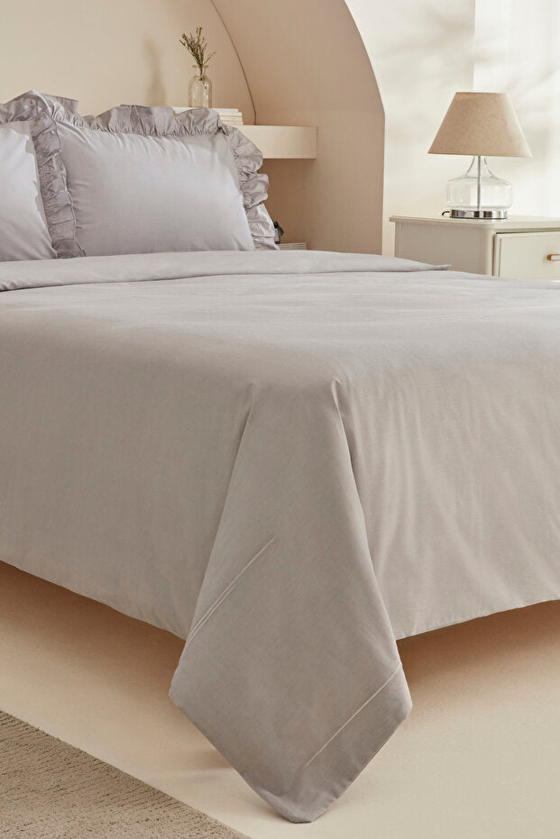 Pure 100% Cotton Double Duvet Cover Set - Grey with Ruffles