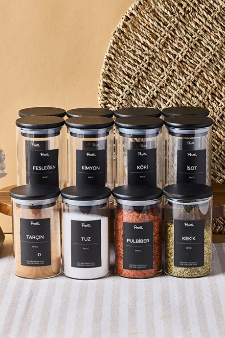 Borosilicate Glass Spice Jar Set - 12 Jars with Black Wooden Lids