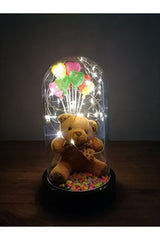 Illuminated Teddy Bear & Heart Balloons Glass Dome