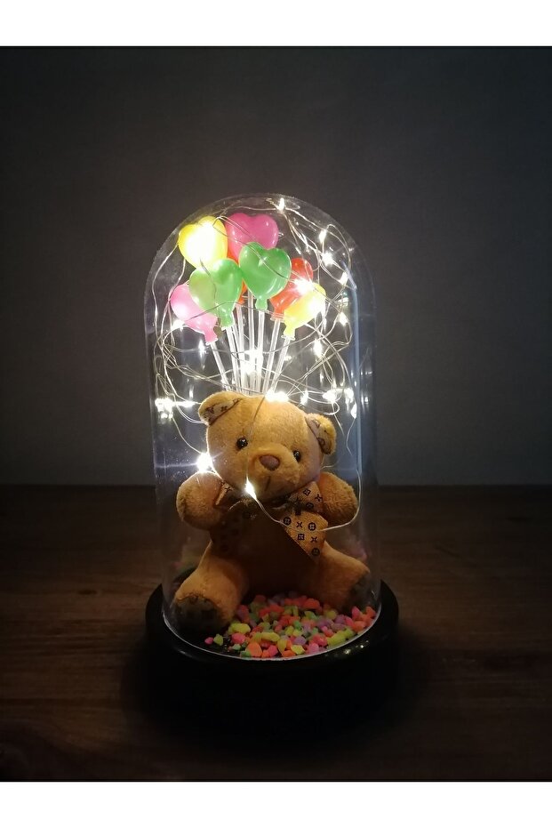 Illuminated Teddy Bear & Heart Balloons Glass Dome